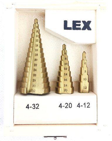 Набір ступінчастих свердел LEX від 4 до 32 мм 4-32 4-20 4-12 в стильному дерев'яному ящику 1582429204 фото