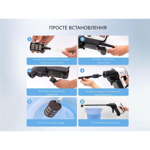 Акумуляторна мийка високого тиску, живлення від павербанку (УМБ Litheli Power Bank 20000 mAh, 45 W, 4А в комплекті) 69206 фото