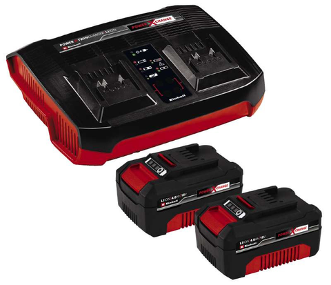 Потужний зарядний пристрій і акумулятор 18V 2 шт x 4,0Ah Twincharger Kit Einhell Power-X-Change 4512112 фото