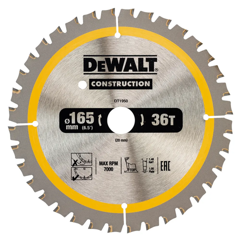 Диск пильний CONSTRUCTION DeWALT DT1950 : 165 х 20, 36Т, 7000 об/хв, ширина розпилу 1.86 мм, товщина полотна 1 мм DT1950 фото